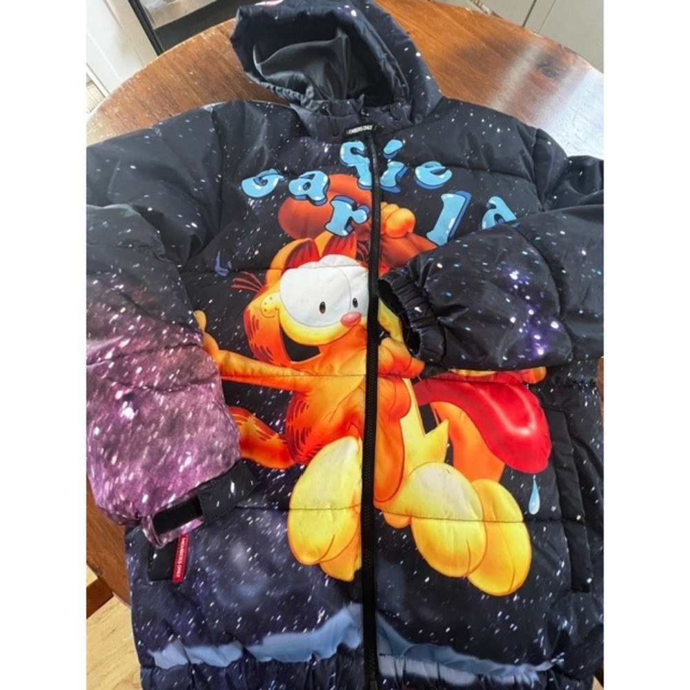Members Only Puffer Jacket MENS XLarge Black Garfield Odie Galaxy Print Hooded